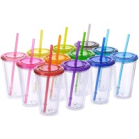 450ml  double wall tumbler fruit printed plastic cups reusable ps drinking juice cups with straws